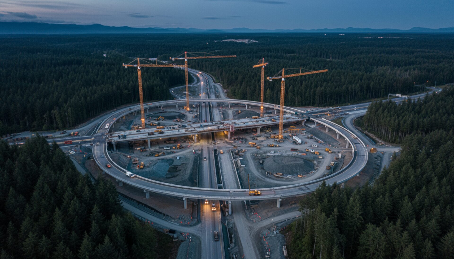 Highway interchange under construction at dusk