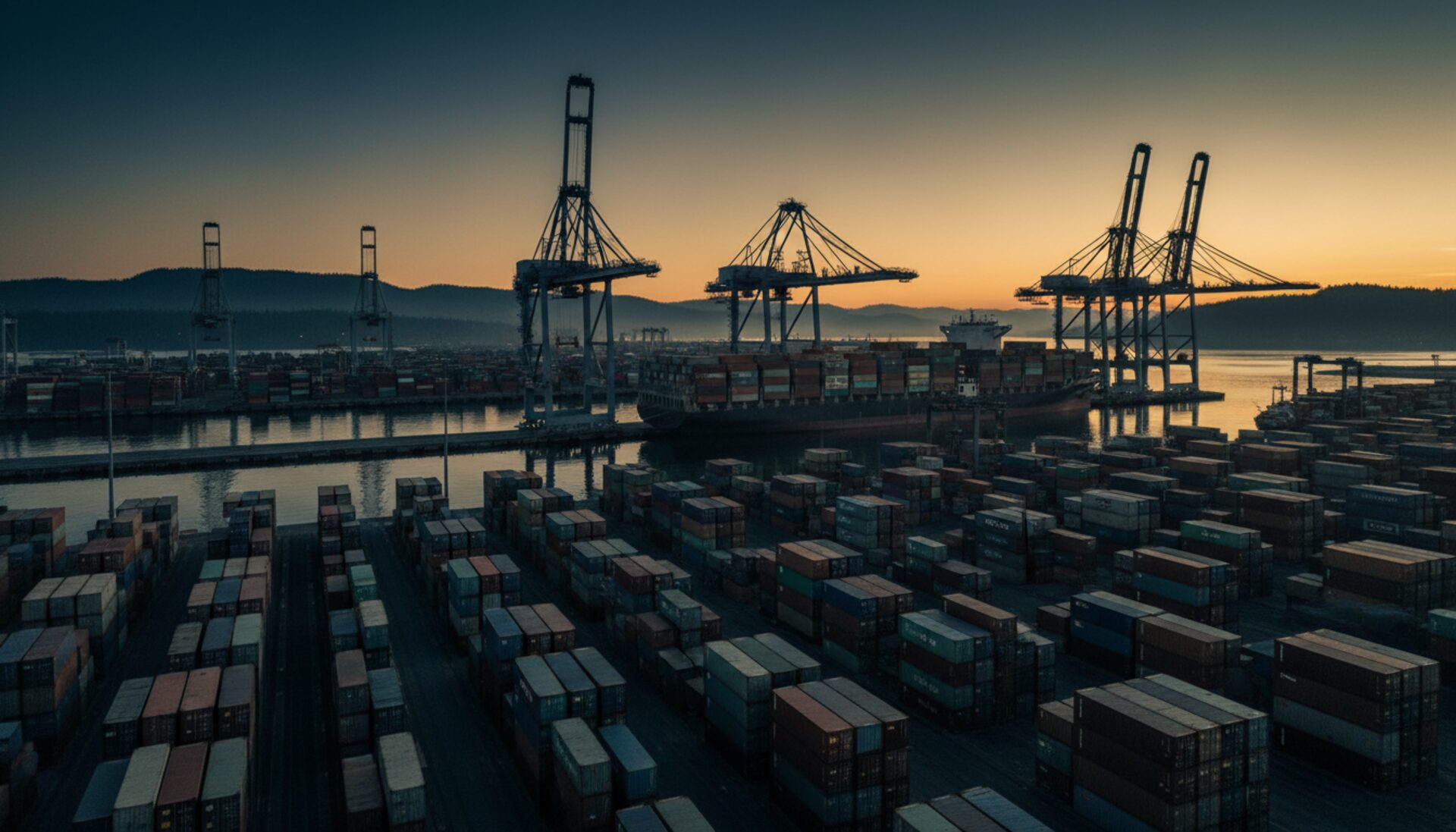Container port at dawn