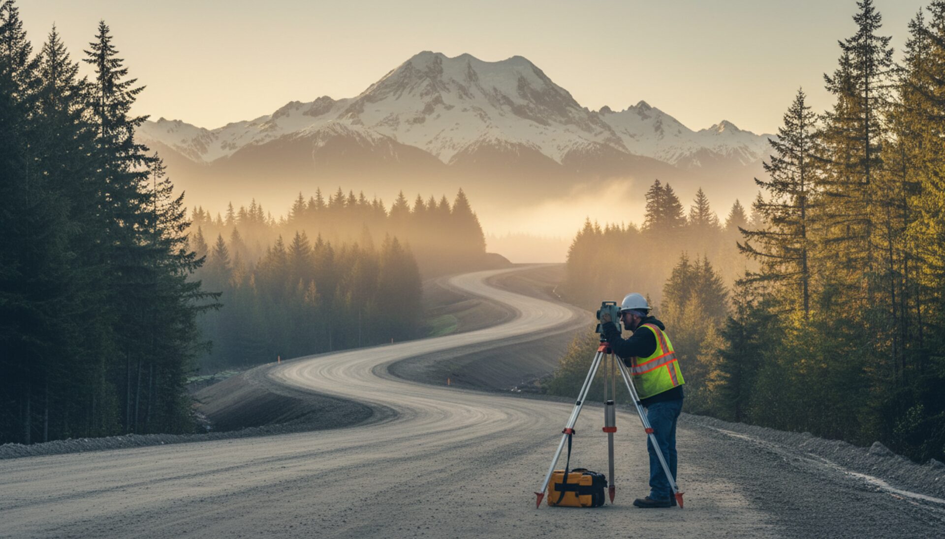 Survey crew on a new highway alignment at sunrise