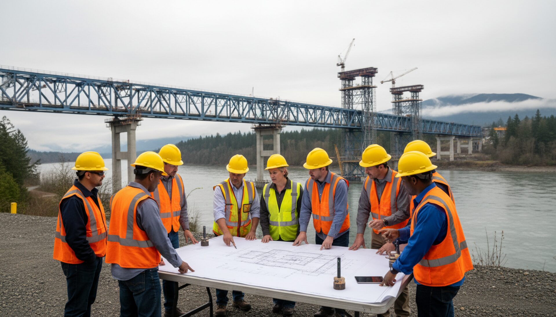 Construction professionals reviewing plans at a jobsite
