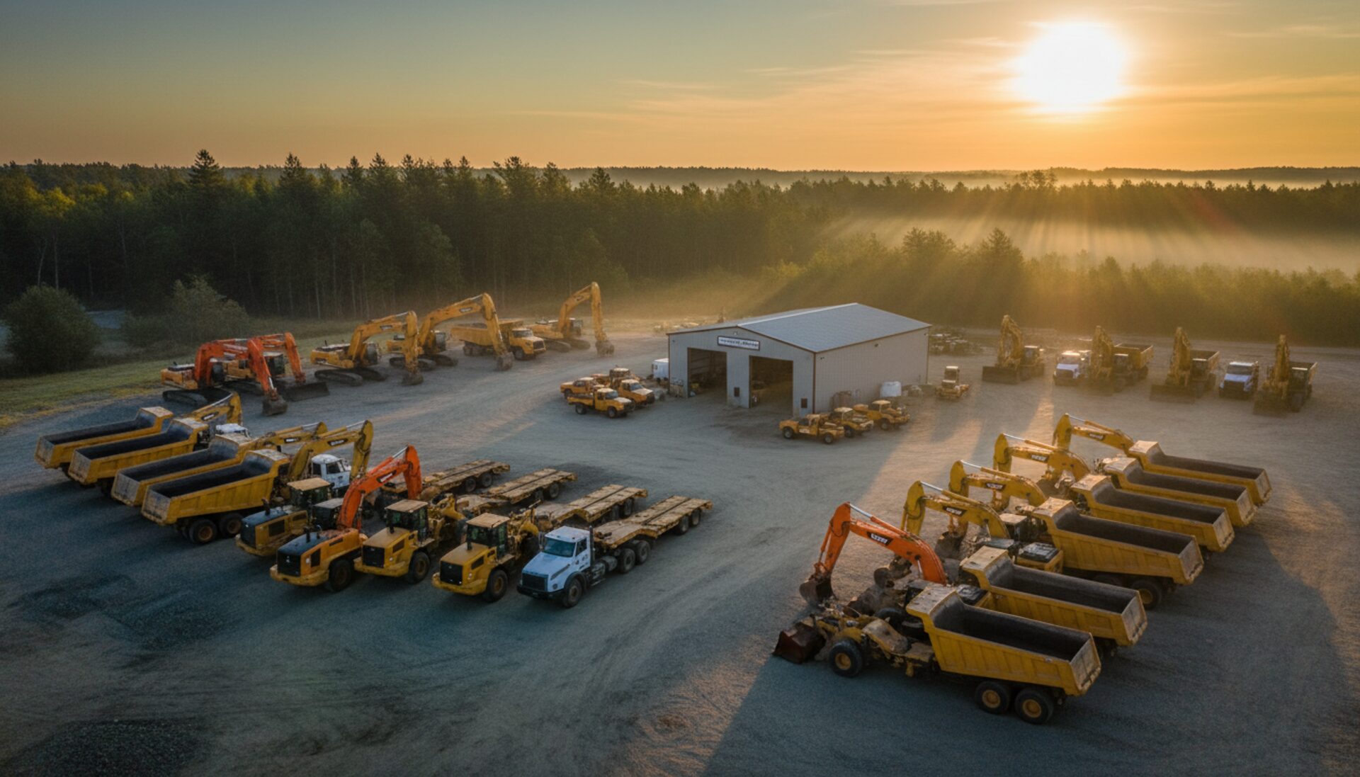 Heavy equipment yard at sunrise
